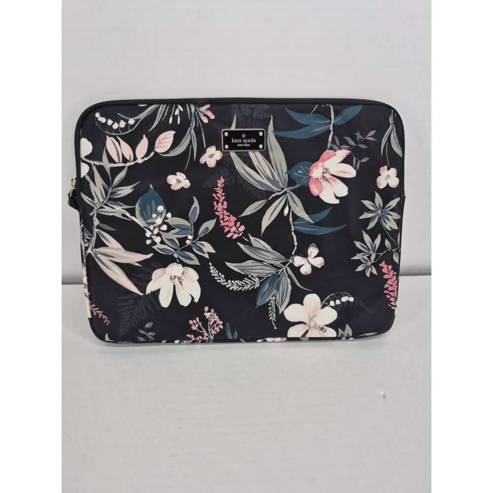 Kate Spade Black Floral Print Nylon Padded Laptop Sleeve Excellent